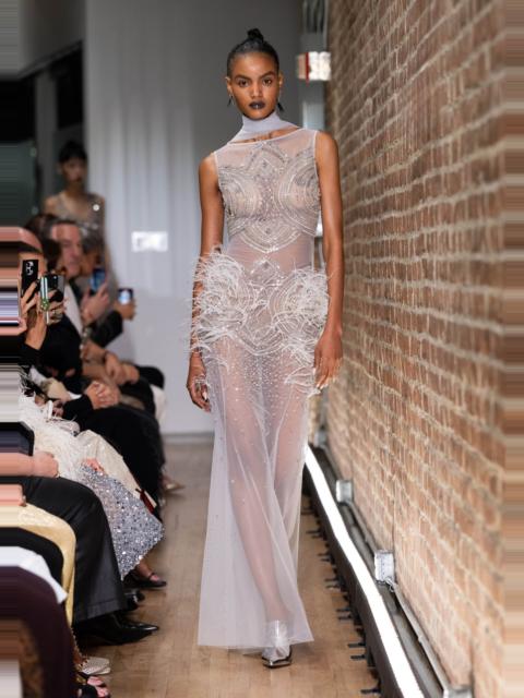 LAPOINTE Mosaic Crystal Embroidery Sleeveless Boatneck Gown