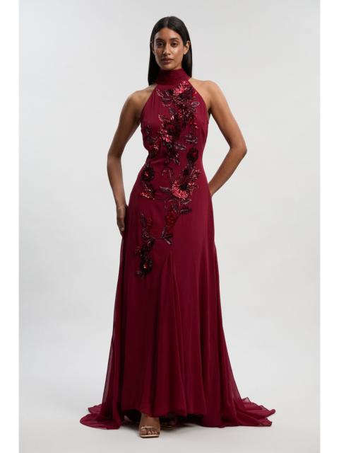 KAREN MILLEN Petite Georgette Feather Embellished Halter Neck Woven Maxi Dress