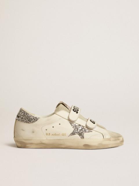 Golden Goose Old School with silver glitter star and ice-gray suede tongue