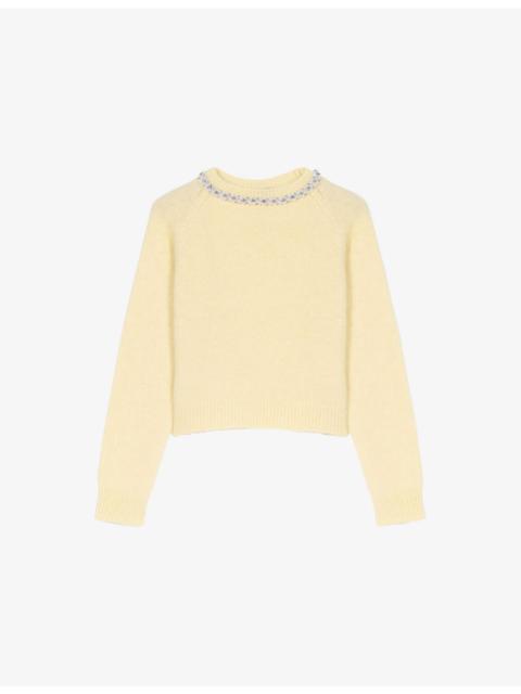 maje Necklace-Embellished Fluffy Knitted Jumper