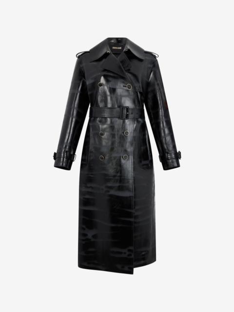 Roberto Cavalli Black Genuine Leather Long Trench Coat