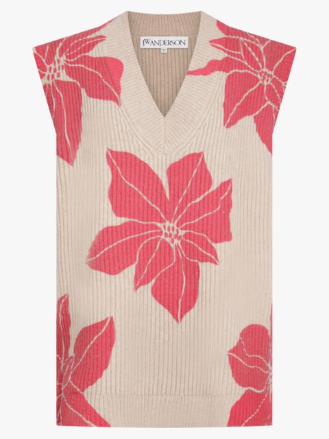 JW Anderson FLORAL PRINT V-NECK VEST KNIT | OATMEAL/RED