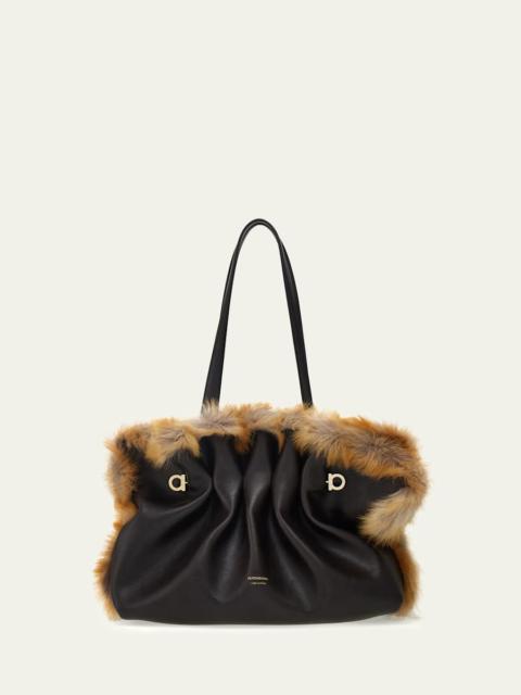 FERRAGAMO Pinch Soft Shearling-Trim Leather Shoulder Bag