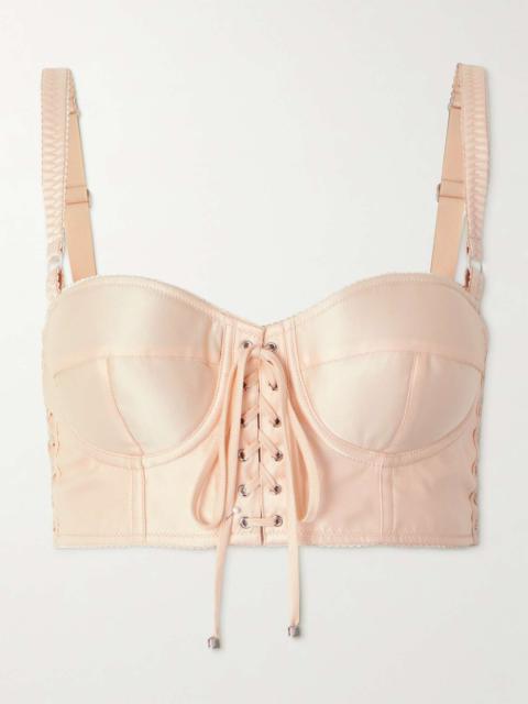 Cropped lace-up satin bustier top Peach