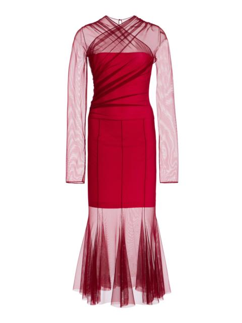 NENSI DOJAKA Draped Tulle Midi Dress burgundy