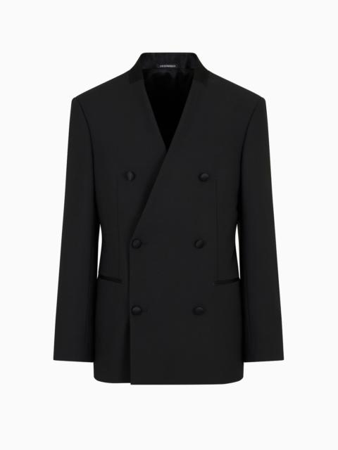 EMPORIO ARMANI Double-breasted blazer in two-way stretch virgin wool canvas with satin collar