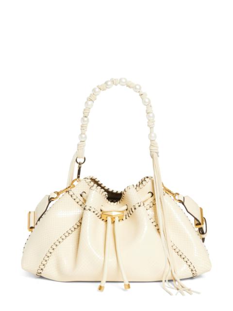 JIMMY CHOO Jimmy Choo Bon Bon Fringe East/West Bucket Bag in Buttermilk/Gold at Nordstrom