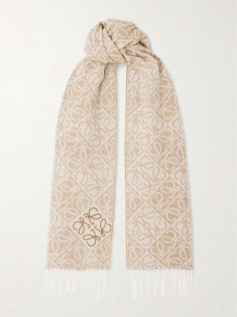 Fringed wool and cashmere-blend jacquard scarf Beige