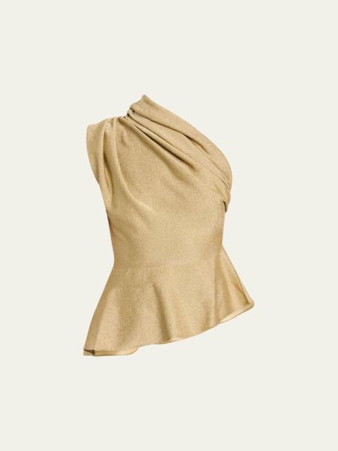 KHAITE Aimee Metallic Jersey One-Shoulder Peplum Top