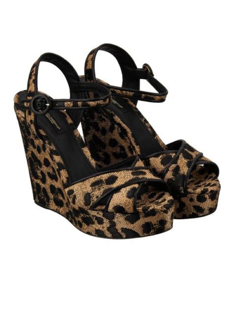 Dolce & Gabbana Leopard Woven Raffia Plateau Sandals Pumps BIANCA Black 13035