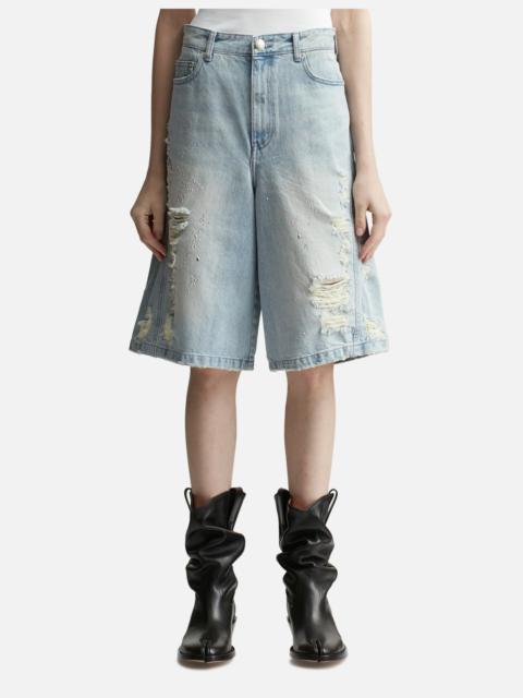 lesugiatelier CRYSTAL-EMBELLISHED RIPPED DENIM SHORTS