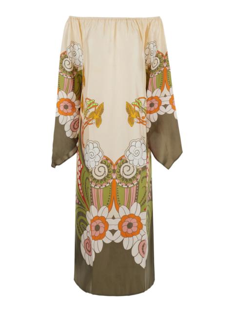 La DoubleJ La Doublej Women 'Goddess' Multicolor Long Dress With Off-Shoulder Design And Ambrosia Motif All-Ove