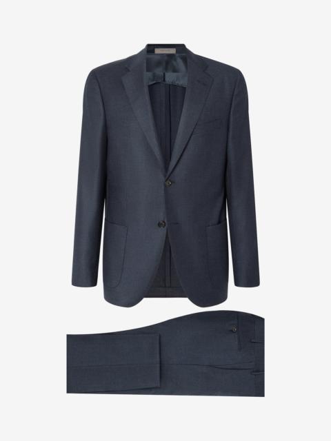 CORNELIANI Blue wool flannel and cashmere suit with herringbone pattern