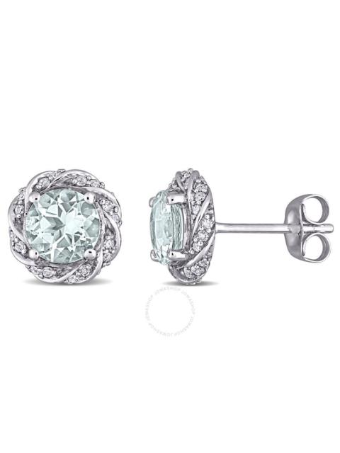 Other Designers Amour - AMOUR Aquamarine and 1/5 CT TW Diamond Halo Stud Earrings In 10K White Gold