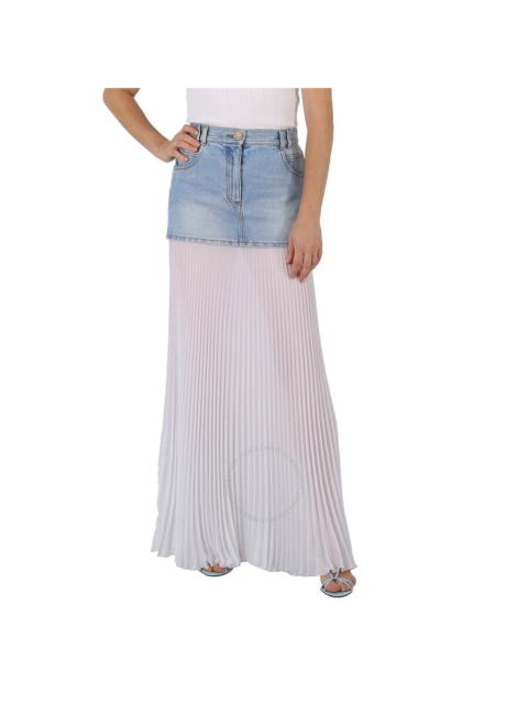 Balmain Balmain Ladies Long Blue And White High-waist Denim Pleated Skirt