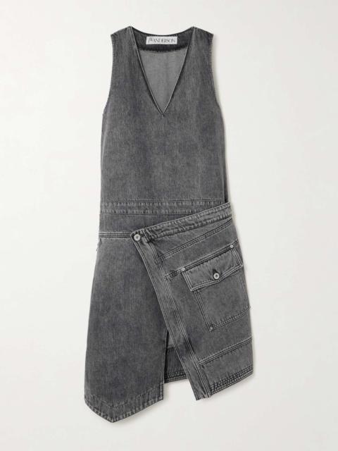 Asymmetric wrap-effect denim midi dress Gray