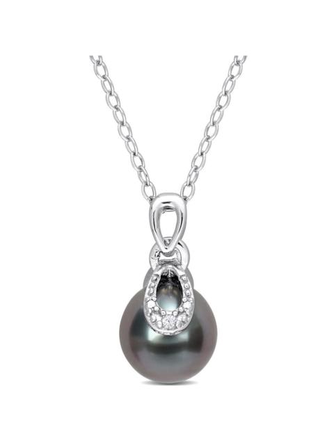 Other Designers AMOUR 8-9mm Black Tahitian Cultured Pearl and Diamond Accent Drop Pendant with Chain In Sterling Sil
