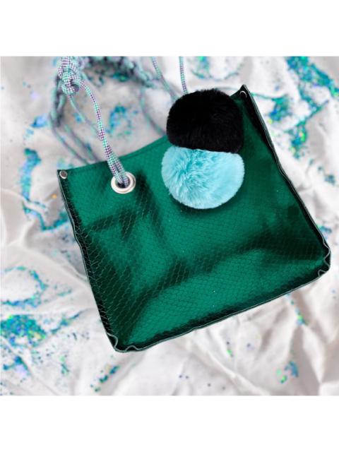 Other Designers Hand Crafted - Handmade Shiny Green Leather Tote with Pompoms