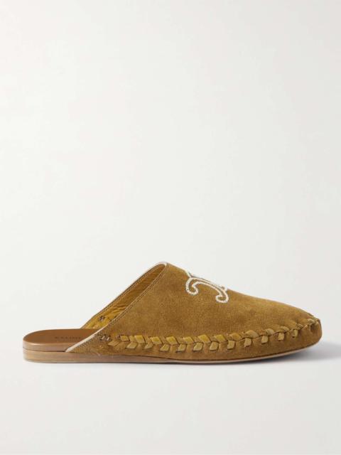 Leather-Trimmed Logo-Embroidered Suede Mules