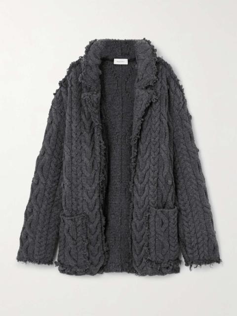 Distressed embellished cable-knit wool-blend cardigan