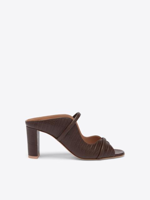 MALONE SOULIERS Norah 70 Dark Brown Embossed Leather Sandals