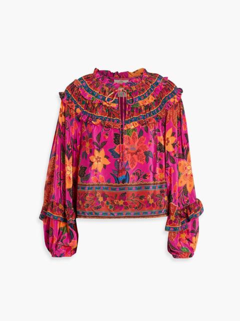 FARM RIO Ruffled floral-print crepe de chine blouse