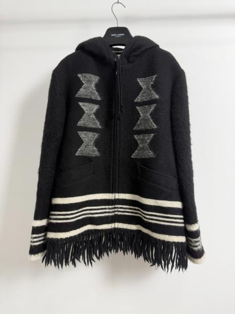 SAINT LAURENT Saint Laurent Slp18fw Coat Black Alpaca Wool Fringe Hooded Jacket