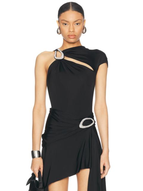 David Koma Crystal Buckle Asymmetric Cut Bodysuit