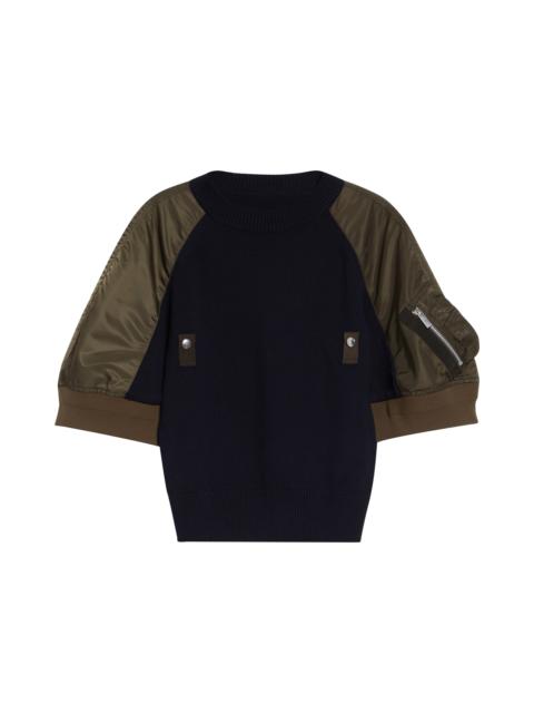 sacai Sacai Mixed Media Knit & Nylon Twill Cardigan in Navy/Dark Khaki at Nordstrom