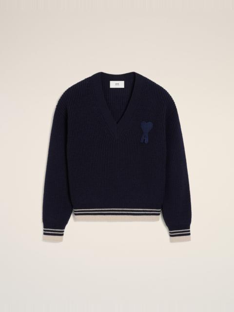 AMI Paris NAVY WOOL RIBBED V NECK SWEATER
