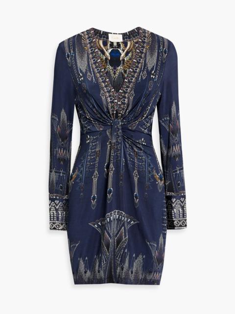 CAMILLA Draped crystal-embellished printed stretch-jersey mini dress