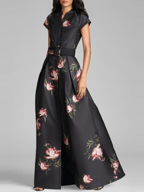 SACHIN & BABI Sachin & Babi Marta Floral Print Belted Satin Gown in Noir Blossom at Nordstrom
