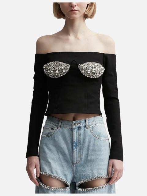 AREA EMBROIDERED CRYSTAL CUP LONG SLEEVE TOP