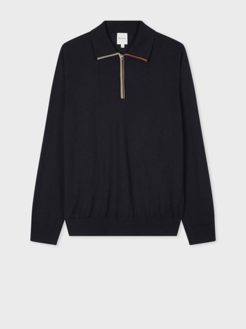 Paul Smith Dark Navy 'Signature Stripe' Zip Trim Long-Sleeve Polo Shirt