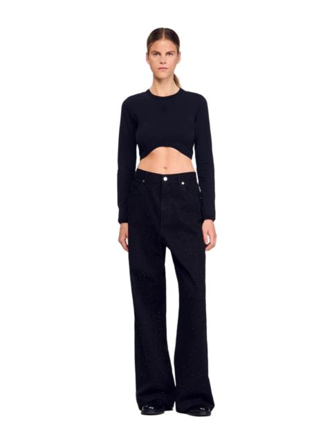 Sandro SANDRO Cropped embroidered T-shirt in Black at Nordstrom