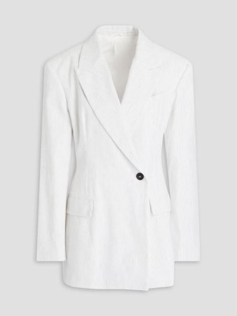 Brunello Cucinelli Bead-embellished pinstriped linen-blend blazer