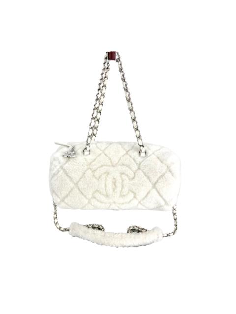 CHANEL Chanel Shearling Quilted White Lambskin Bowler Crossbody Shoulder Bag