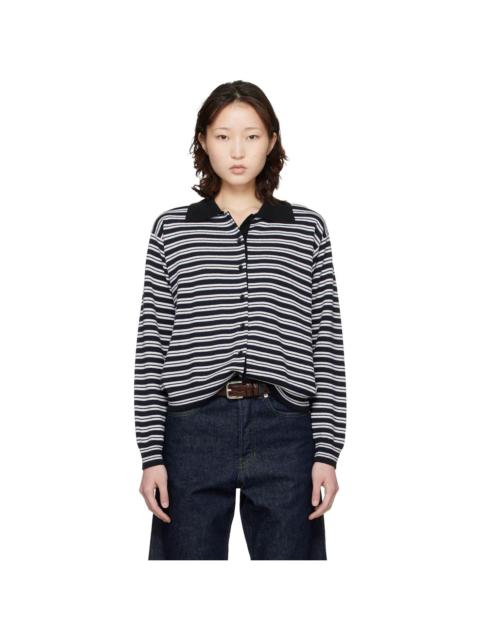 CORDERA Black & White Merino Wool Striped Polo Cardigan