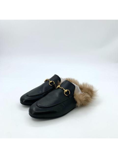 Gucci Womens Black Leather Horsebit Fur-Lined Slippers Size 36 Made In Italy