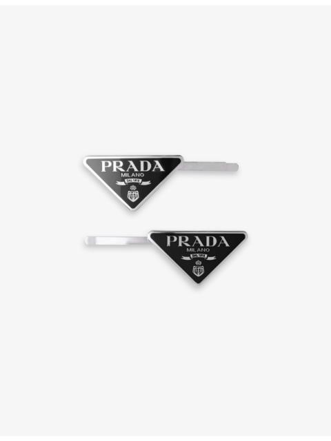 Prada Logo-plaque silver-toned metal hair clips set of two