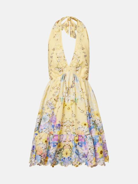 CAMILLA Embellished floral halterneck linen minidress
