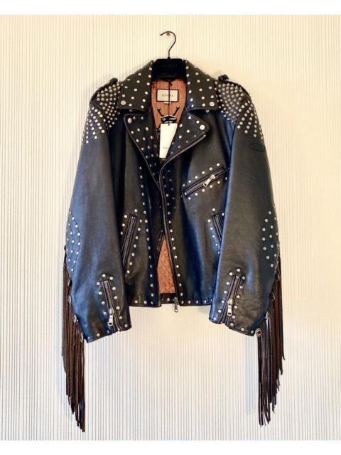 GUCCI Gucci Studded Leather Biker Jacket with Fringe