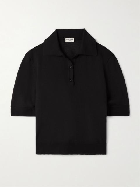 SAINT LAURENT Embroidered wool, cashmere and silk-blend polo shirt Black