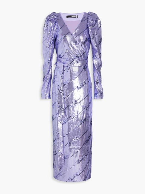 ROTATE Sequined mesh midi wrap dress