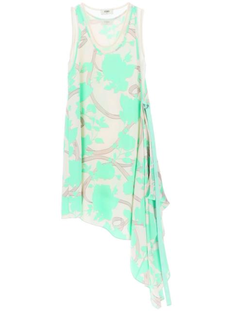 FENDI ASYMMETRICAL SILK SATIN DRESS WITH 'FENDI ROSES' MOTIF