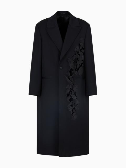 Single-breasted coat in compact virgin wool gabardine with ginkgo embroidery and cut-outs