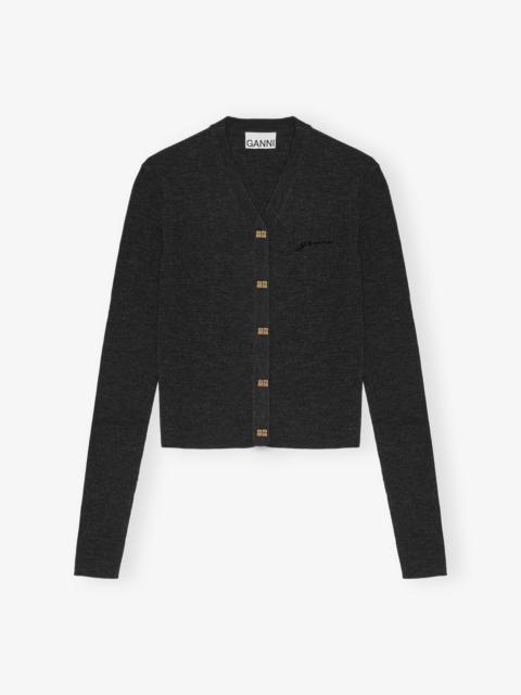 GANNI BLACK MINI RIBBED MERINO CARDIGAN