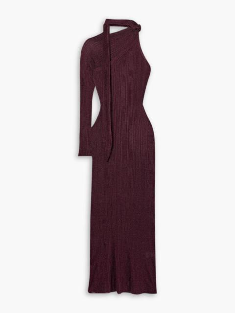 rabanne One-sleeve tie-detailed metallic plissé-knit maxi dress