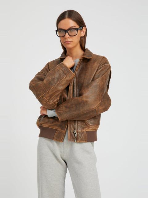 SPRWMN BROWN DISTRESSED LEATHER AVIATOR JACKET