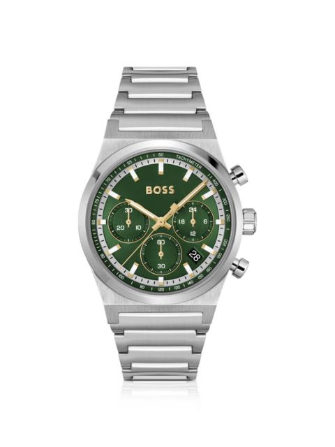 BOSS GREEN-DIAL CHRONOGRAPH WATCH IN SILVER-TONE STEEL